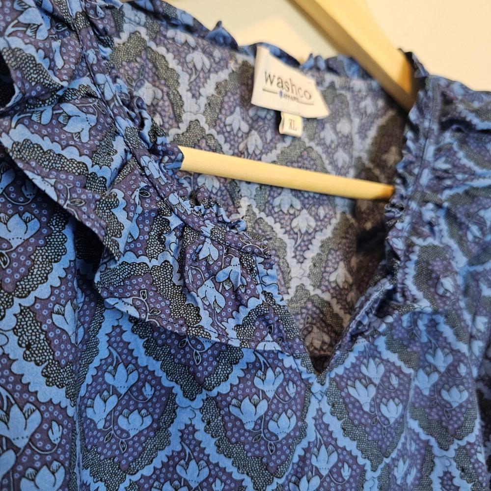 Washco‎ Blue Cotton Ruffle Long Sleeve Folk Blouse Heritage Floral Size XL - Picture 8 of 9